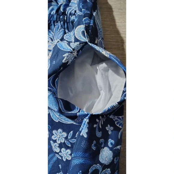 Talbots Dress 4P Womens Blue Floral A Line 3/4 Balloon Sleeve Drawstring Waist - Picture 13 of 14